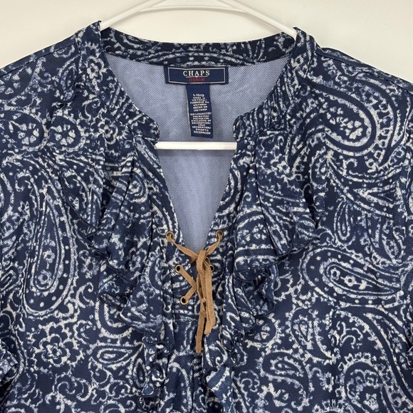 Chaps Denim Womens Large Pullover Mesh Top Blue Paisley Fitted Ruffles 3/4 Slv - Picture 2 of 8